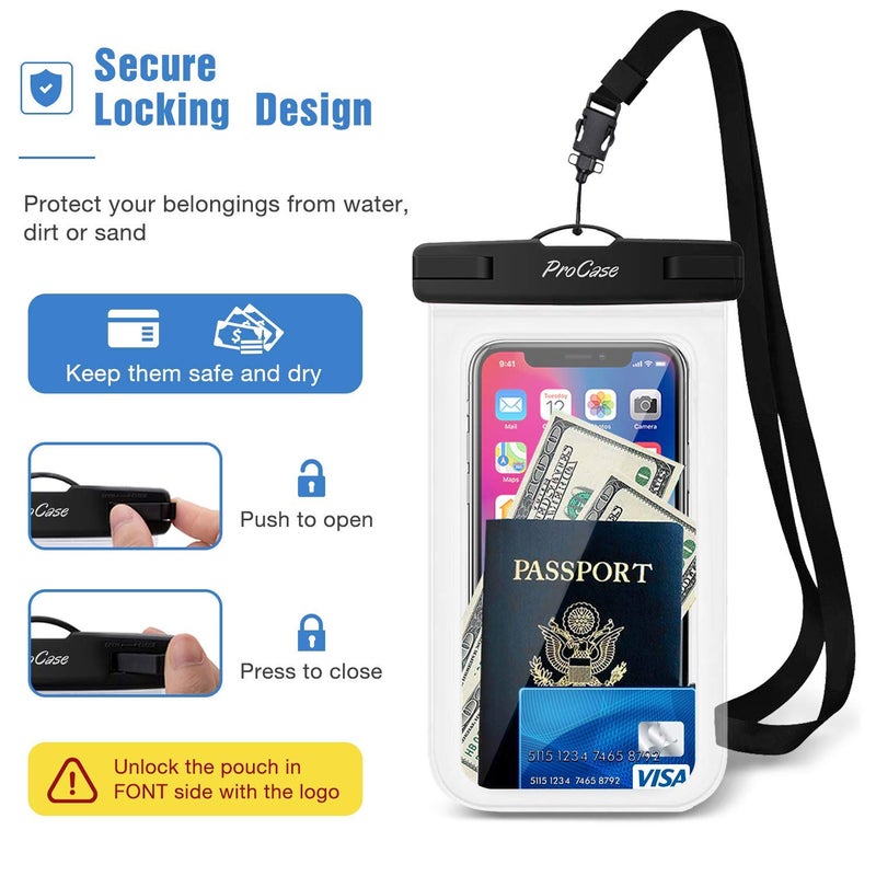 Procase Universal Waterproof Pouch Cellphone Dry Bag Underwater Case for iPhone 11 Pro Max/Xs Max/XR/X 8 7 6S Plus, Galaxy Note10+ S10 Plus S9 S8+, Pixel 4 3 2 XL up to 6.8" -3 Pack, Teal/Pink/Black - Image 4