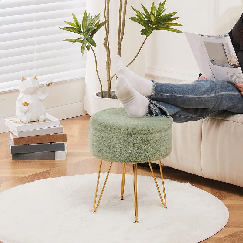 Cplxroc Footrest Footstools Round Faux Fur Ottoman with Storage Space Soft Vanity Chair Seat Coffee Table Ottoman Small Side Table with Adjustable Footings (Green) - Image 3