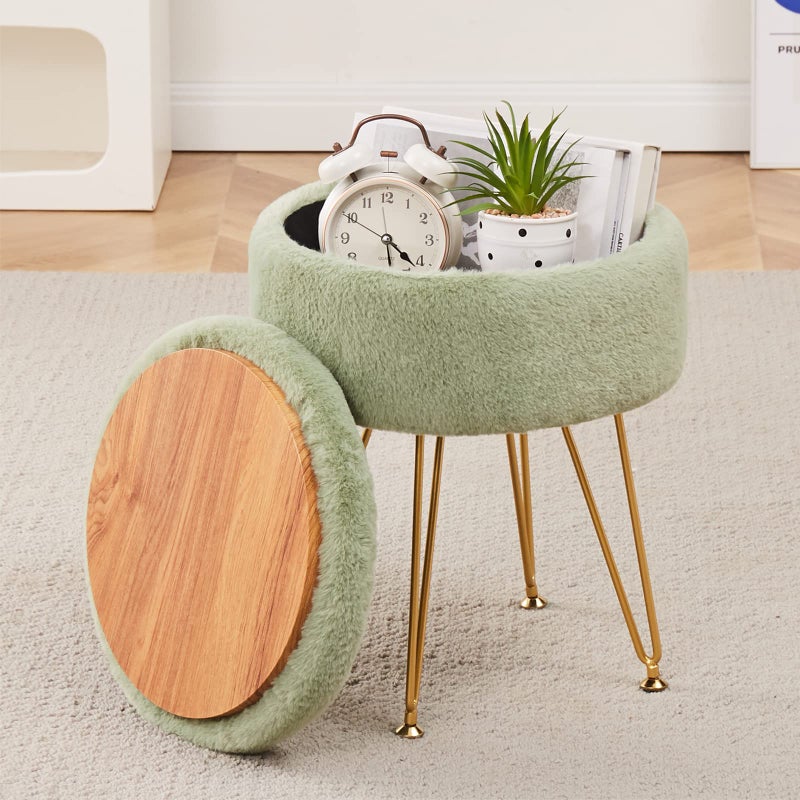 Cplxroc Footrest Footstools Round Faux Fur Ottoman with Storage Space Soft Vanity Chair Seat Coffee Table Ottoman Small Side Table with Adjustable Footings (Green) - Image 1