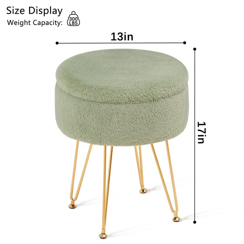 Cplxroc Footrest Footstools Round Faux Fur Ottoman with Storage Space Soft Vanity Chair Seat Coffee Table Ottoman Small Side Table with Adjustable Footings (Green) - Image 5