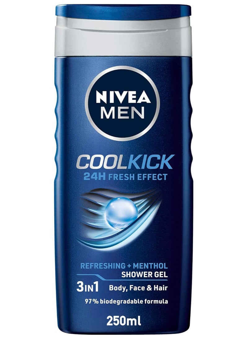 Nivea MEN 3in1 Shower Gel Body Wash, Cool Kick 24h Fresh Effect Masculine Scent, 250ml