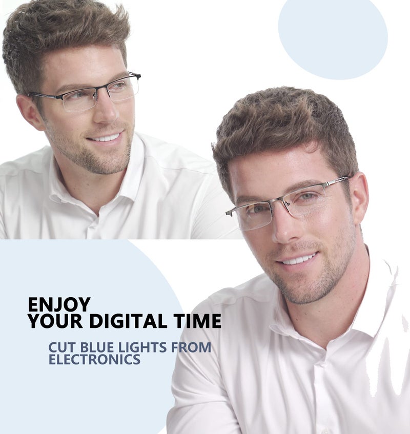 JJWELL 3 Pack Blue Light Reading Glasses for Men, Lightweight Metal Rectangle Semi Rimless Readers for Men, Anti Eyestrain/Computer Glare/UV, Half Frame Spring Hinge Eyeglasses with Pouches - Image 2