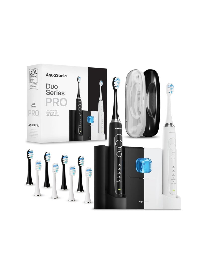 أكوا سونيك فرشاة أسنان كهربائية Duo Series PRO UV معتمدة من جمعية طب الأسنان الأمريكية (ADA) مزودة بمعقم بالأشعة فوق البنفسجية - قاعدة شحن لاسلكية - 5 أوضاع مع مؤقتات ذكية - 10 رؤوس فرشاة Proflex وحقيبتي سفر - Image 1