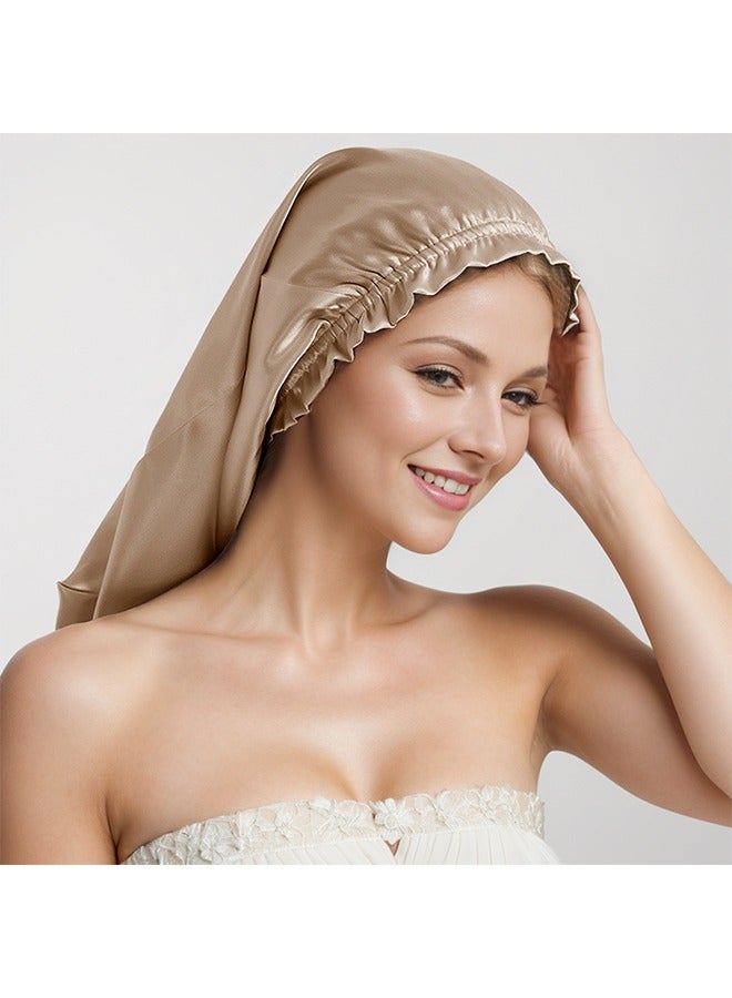Satin Bonnet Long Sleep Cap, Extra Large Wide Shower Caps with Elastic Band, Comfortable Long Hair Care Hat Night Cap (Khaki Color) - Image 2