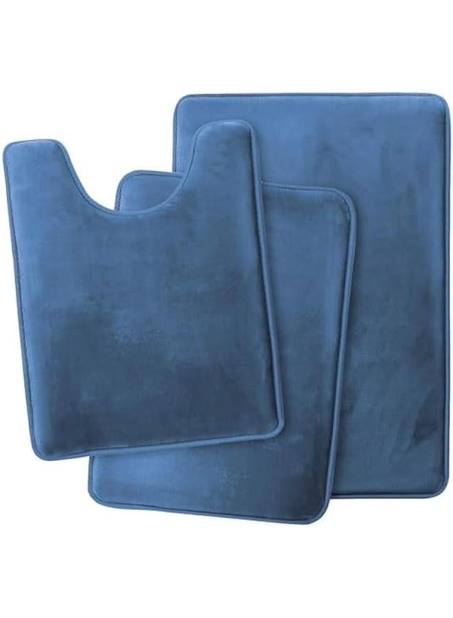 HOOKOR Bathroom Rugs, Velvet Memory Foam Bath Mat, Non-Slip Bath Rugs, Machine Wash, Dries Quickly, Ultra Soft Plush Bath Mats for Bathroom, 3 Piece Set (Blue) - Image 1