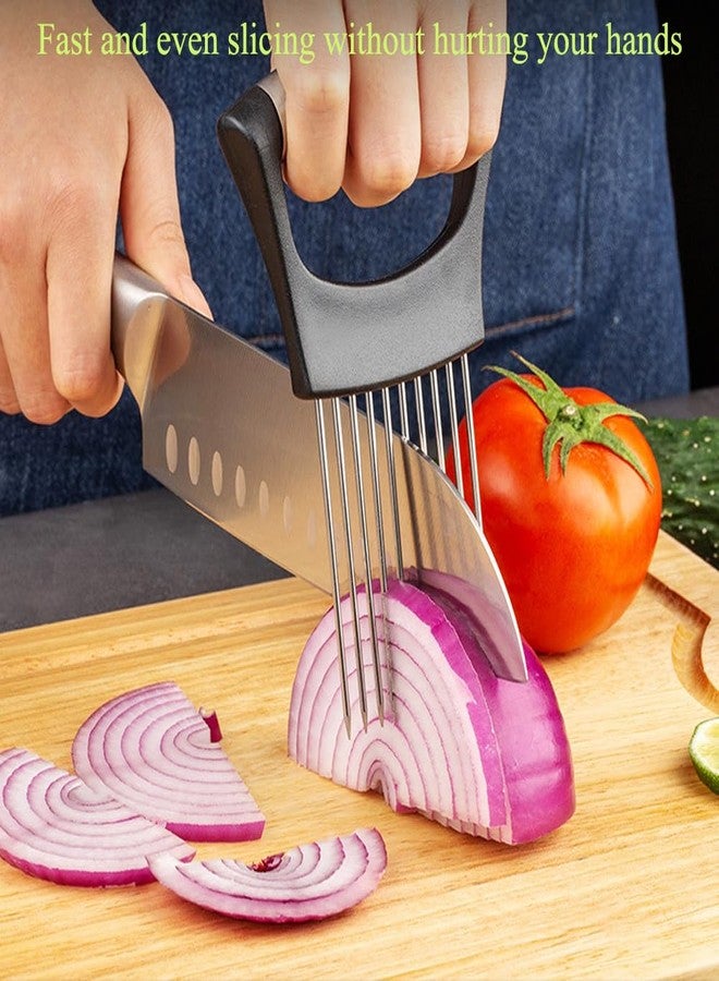 JILFR Onion Slicer Holder with Protective Cover, Lemon Slicer Holder Onion Cutter, Vegetable Cutter Kitchen Chopper Slicing Assistant Tool for Tomato Meat - Image 2