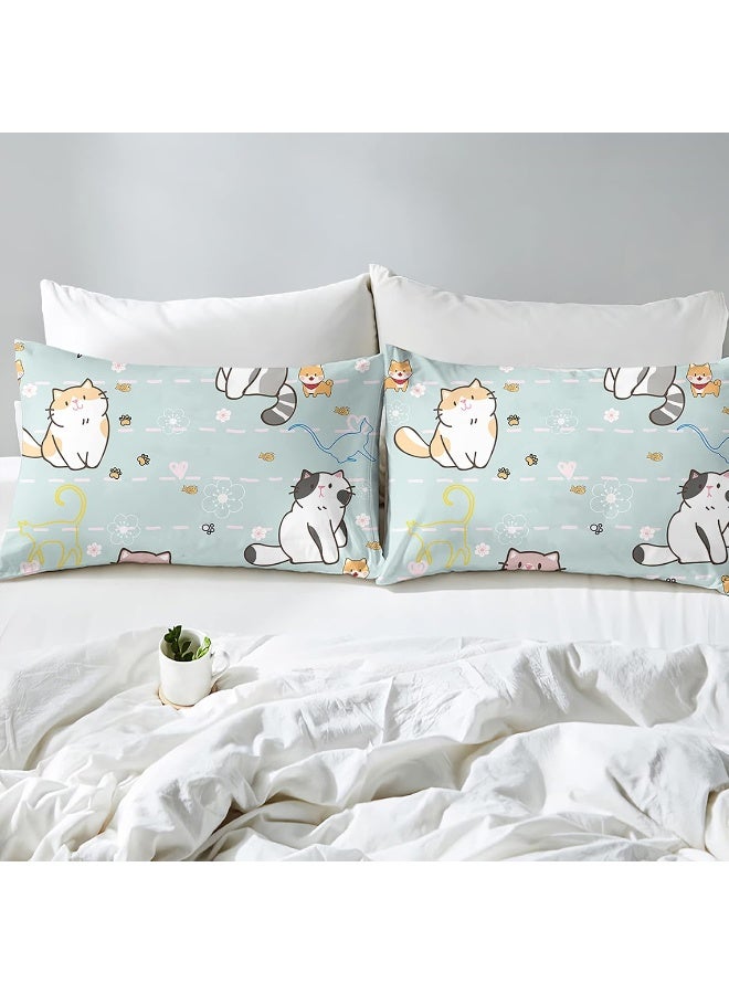 Kossmjx Cat Bedding Set Twin Size, Cartoon Cats Comforter for Girls Kids Teens, Blue Lovely Quilt Animal Pattern Comforter Set Soft Breathable Cute Duvet Set for All Season 2Pcs with Pillowcase - Image 3