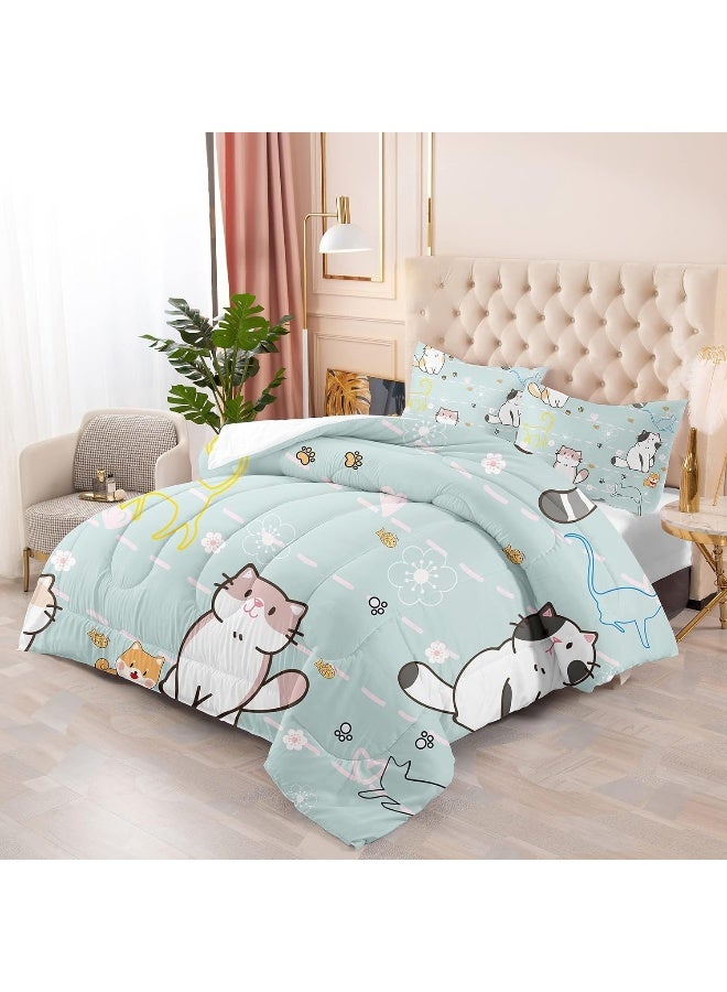 Kossmjx Cat Bedding Set Twin Size, Cartoon Cats Comforter for Girls Kids Teens, Blue Lovely Quilt Animal Pattern Comforter Set Soft Breathable Cute Duvet Set for All Season 2Pcs with Pillowcase - Image 2