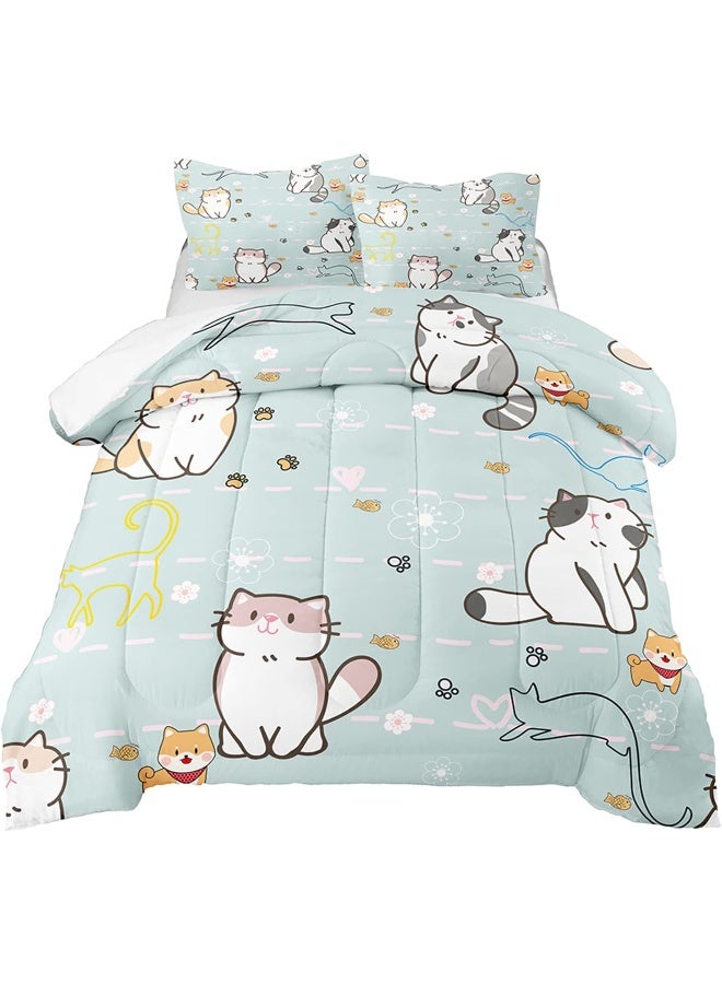 Kossmjx Cat Bedding Set Twin Size, Cartoon Cats Comforter for Girls Kids Teens, Blue Lovely Quilt Animal Pattern Comforter Set Soft Breathable Cute Duvet Set for All Season 2Pcs with Pillowcase - Image 1