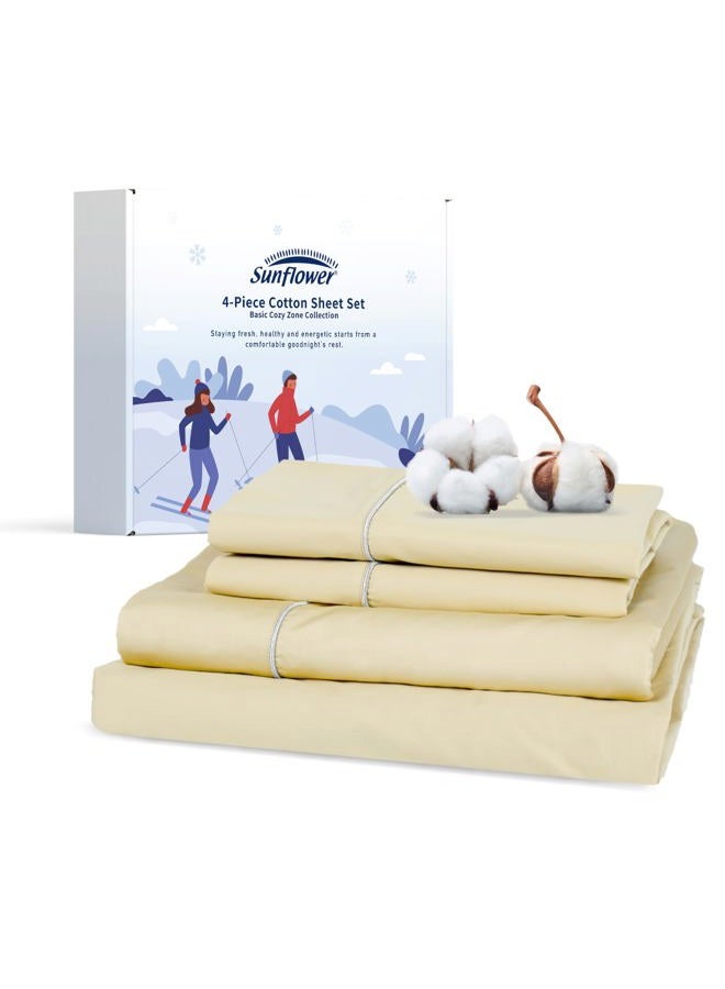 Sunflower Cotton Queen Sheet Set - Queen Size Sheet Deep Pocket Fits up to 16 inches, 4-Piece Queen Bed Sheet with Silver Trimmed Design, Luxury Hotel Quality,Butter Cream - Image 1