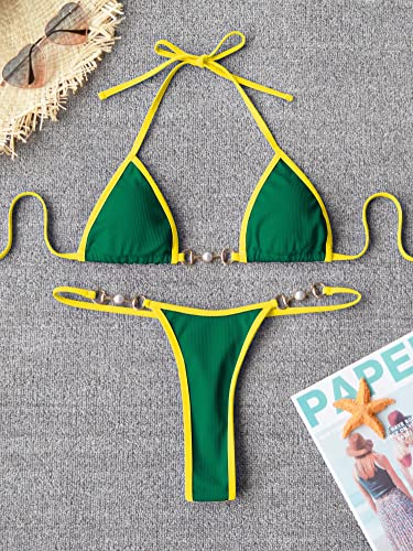 TASHEHE Women's Triangle Thong Bikini Set Sexy String Brazillian Two Piece Swimsuit Cute Bikini Bathing Suit - Green - Small - Image 5