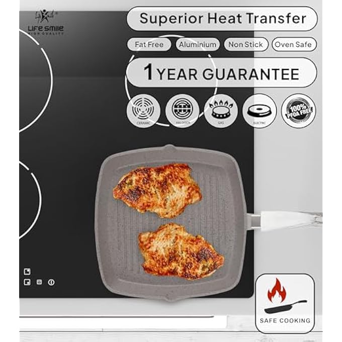 Unity Grill Pan NonStick Granite Coating With Lid  Oven Safe  Versatile Grilling Pan With Drop Opening Skillet Large Surface100 Pfoa Free Dark Grey 24 Cm Fixed Handle - Image 3
