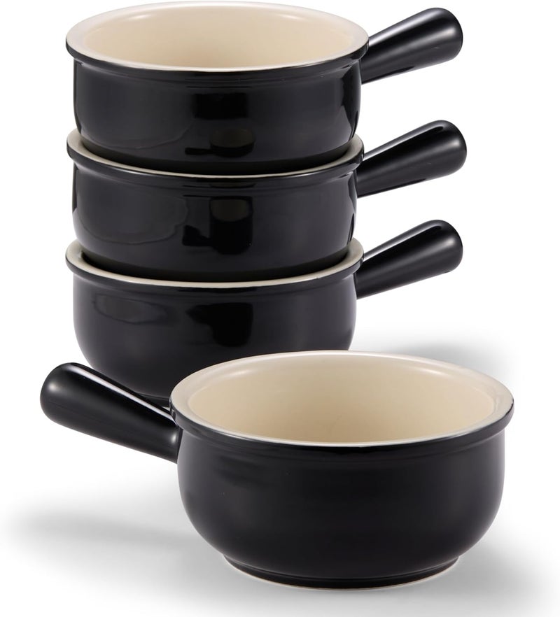 Kook French Onion Soup Bowls, French Onion Soup Crocks, Soup Bowl with Handles, 15 oz, Set of 4, Ceramic Bowls, Microwave, Dishwasher Safe & Oven safe, Stoneware,(Black) - Image 2