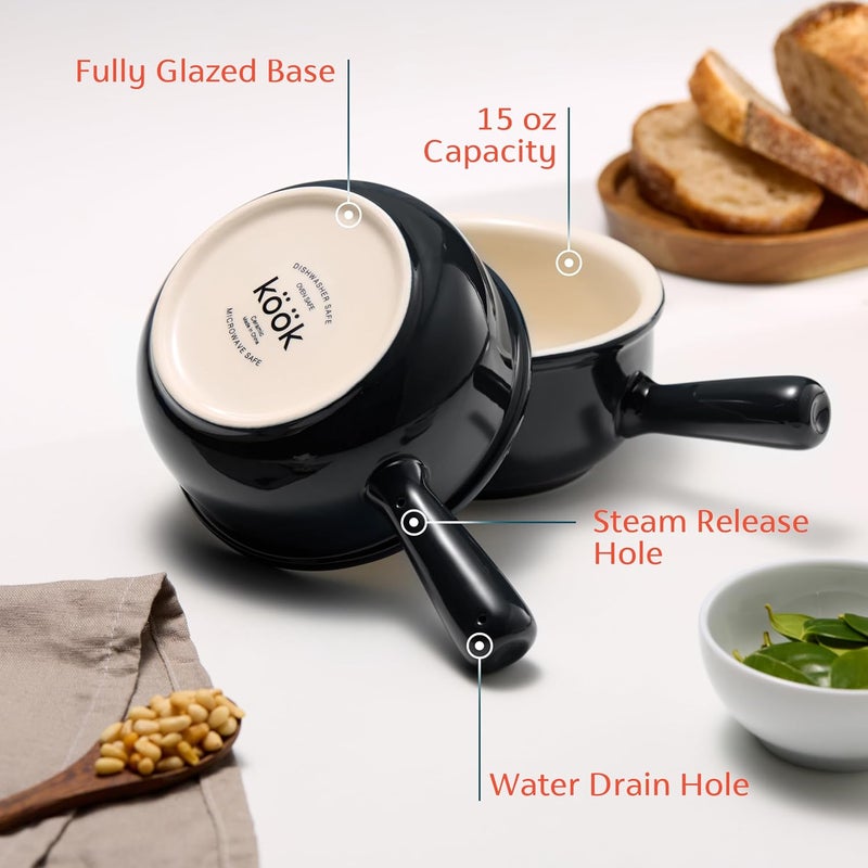 Kook French Onion Soup Bowls, French Onion Soup Crocks, Soup Bowl with Handles, 15 oz, Set of 4, Ceramic Bowls, Microwave, Dishwasher Safe & Oven safe, Stoneware,(Black) - Image 3