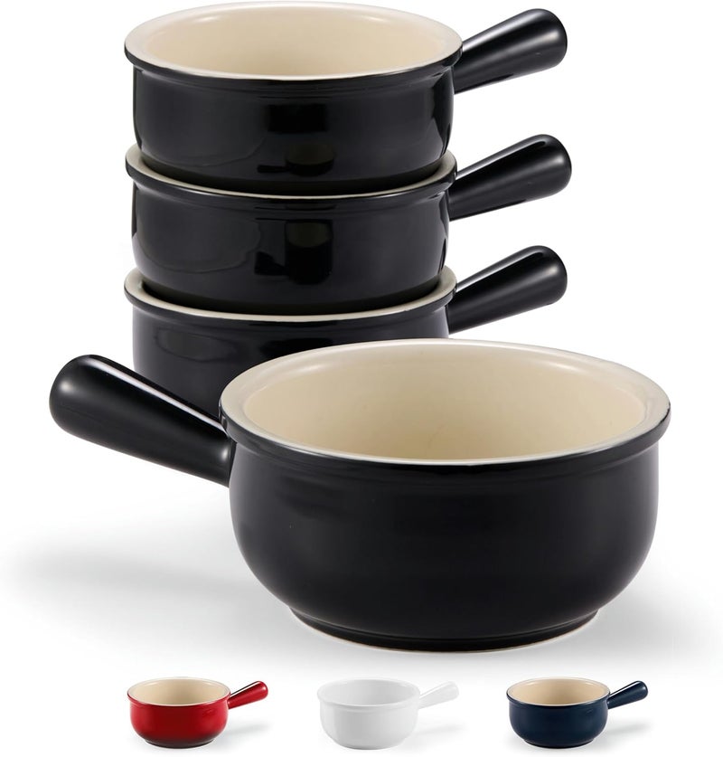 Kook French Onion Soup Bowls, French Onion Soup Crocks, Soup Bowl with Handles, 15 oz, Set of 4, Ceramic Bowls, Microwave, Dishwasher Safe & Oven safe, Stoneware,(Black) - Image 1