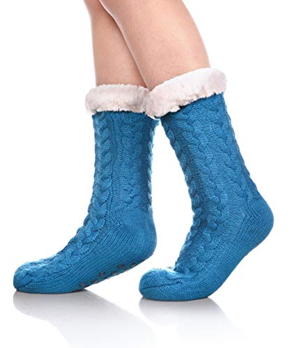 SDBING Women's Winter Super Soft Warm Cozy Fleece Lined Fuzzy Slipper Socks with Grippers (Turquoise, 6-10) - Image 1