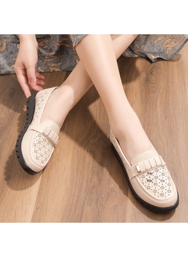 Pull Back Huili Mom Shoes, Middle-aged Sandals, Summer Soft-soled, For Middle-aged And Elderly Women, Leather Shoes, Single Shoes, Non-slip, For Ages 50-60, 0062 Beige, Size 36 - Image 2