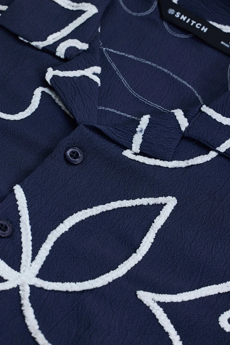 SNITCH Dark Navy Blue Abstract Half Sleeve Boxy Shirt