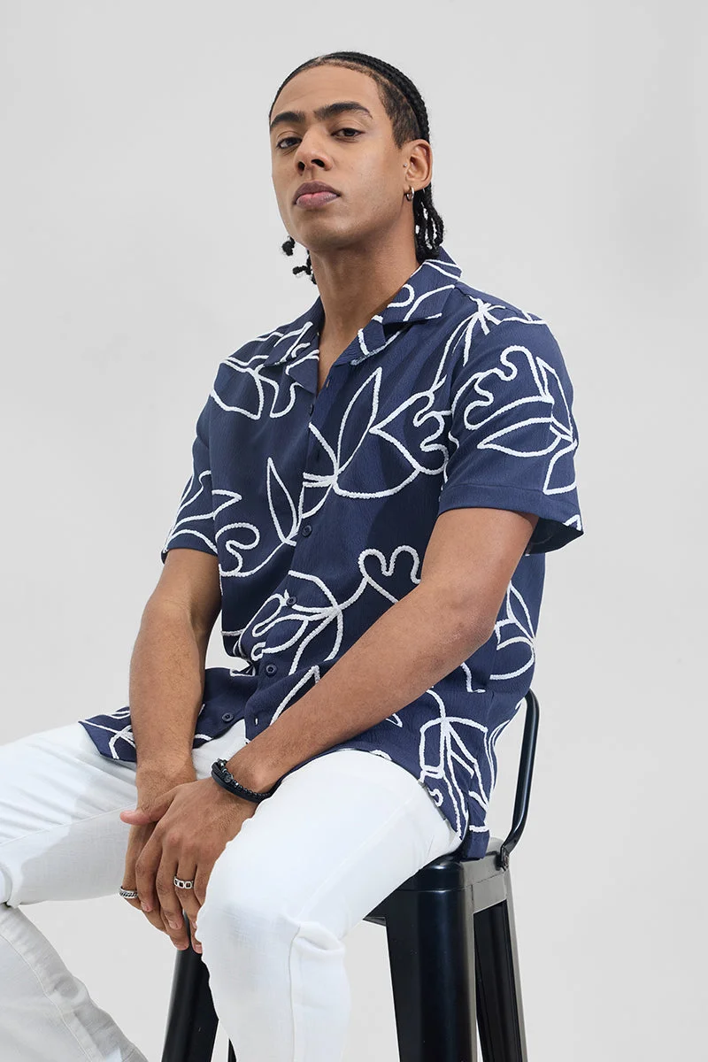 SNITCH Dark Navy Blue Abstract Half Sleeve Boxy Shirt