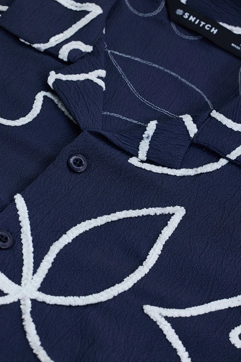 سنيتش Dark Navy Blue Abstract Half Sleeve Boxy Shirt