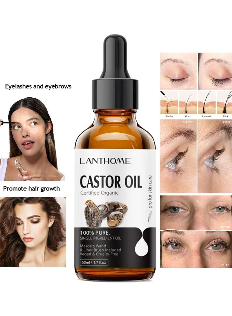 Lanthome Castor Oil Organic (50ml), Pure Natural Castor Oil for Hair Growth, USDA Standard, Cold-Pressed and Unrefined, Eyelash & Eyebrows Growth Serum, Eyelash Treatment - Image 2