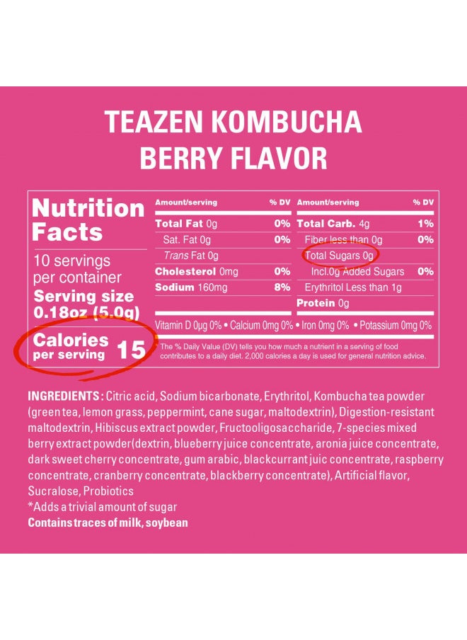 TEAZEN - TEAZEN Berry Kombucha Tea, Hydration Drink Mix, Sugar Free, Live Probiotics & Prebiotics, 10 Sticks, 1.76oz - Image 1