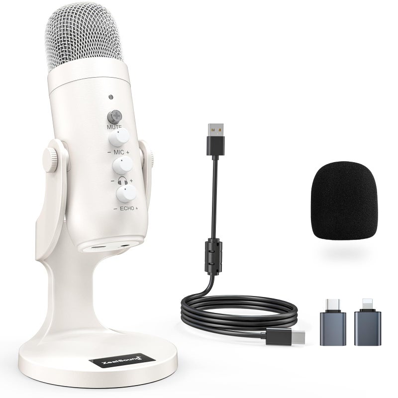 ZealSound ميكروفون USB من ZealSound، كتم سريع لإلغاء الضوضاء للهاتف والكمبيوتر PC و PS5، ميكروفون للألعاب مع تحكم في الكسب، ضبط حجم المراقبة للصدى لتسجيل الصوت المباشر ASMR بودكاست فيديو K66 أبيض - Image 1