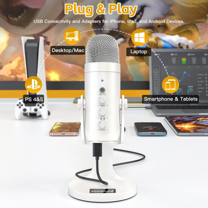 ZealSound ميكروفون USB من ZealSound، كتم سريع لإلغاء الضوضاء للهاتف والكمبيوتر PC و PS5، ميكروفون للألعاب مع تحكم في الكسب، ضبط حجم المراقبة للصدى لتسجيل الصوت المباشر ASMR بودكاست فيديو K66 أبيض - Image 2