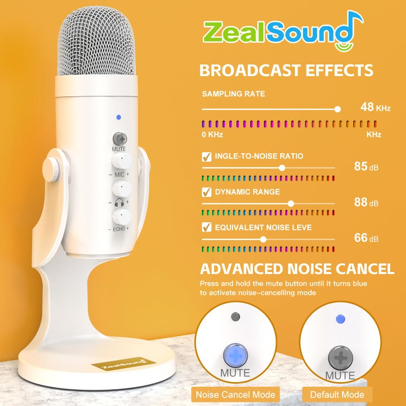 ZealSound ميكروفون USB من ZealSound، كتم سريع لإلغاء الضوضاء للهاتف والكمبيوتر PC و PS5، ميكروفون للألعاب مع تحكم في الكسب، ضبط حجم المراقبة للصدى لتسجيل الصوت المباشر ASMR بودكاست فيديو K66 أبيض - Image 3
