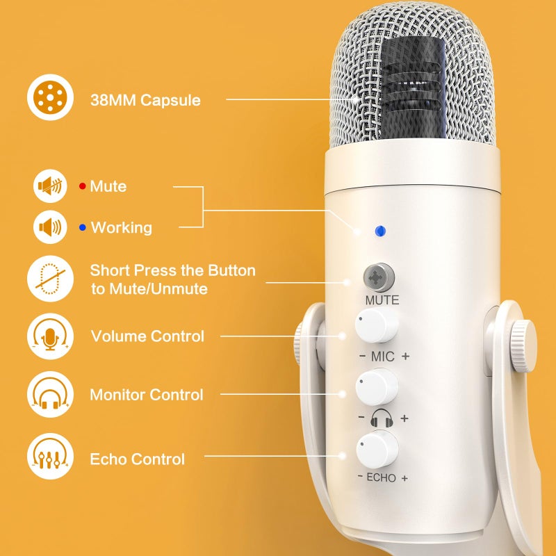 ZealSound ميكروفون USB من ZealSound، كتم سريع لإلغاء الضوضاء للهاتف والكمبيوتر PC و PS5، ميكروفون للألعاب مع تحكم في الكسب، ضبط حجم المراقبة للصدى لتسجيل الصوت المباشر ASMR بودكاست فيديو K66 أبيض - Image 4