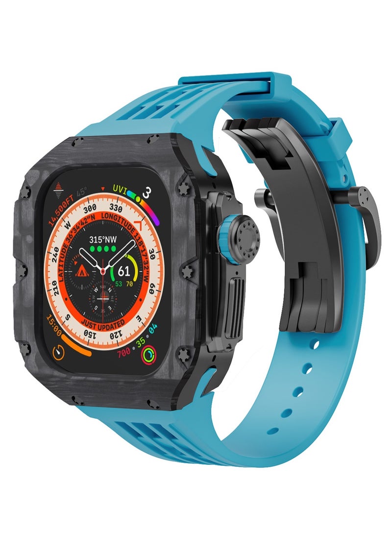 AROAQ Carbon Fiber Case For Apple Watch, 49mm Fluororubber Band Metal Bazel For Iwatch, Ultra Titanium Alloy Integrated Protective Case, (Carbon shell-black titanium frame-blue tape) - Image 1