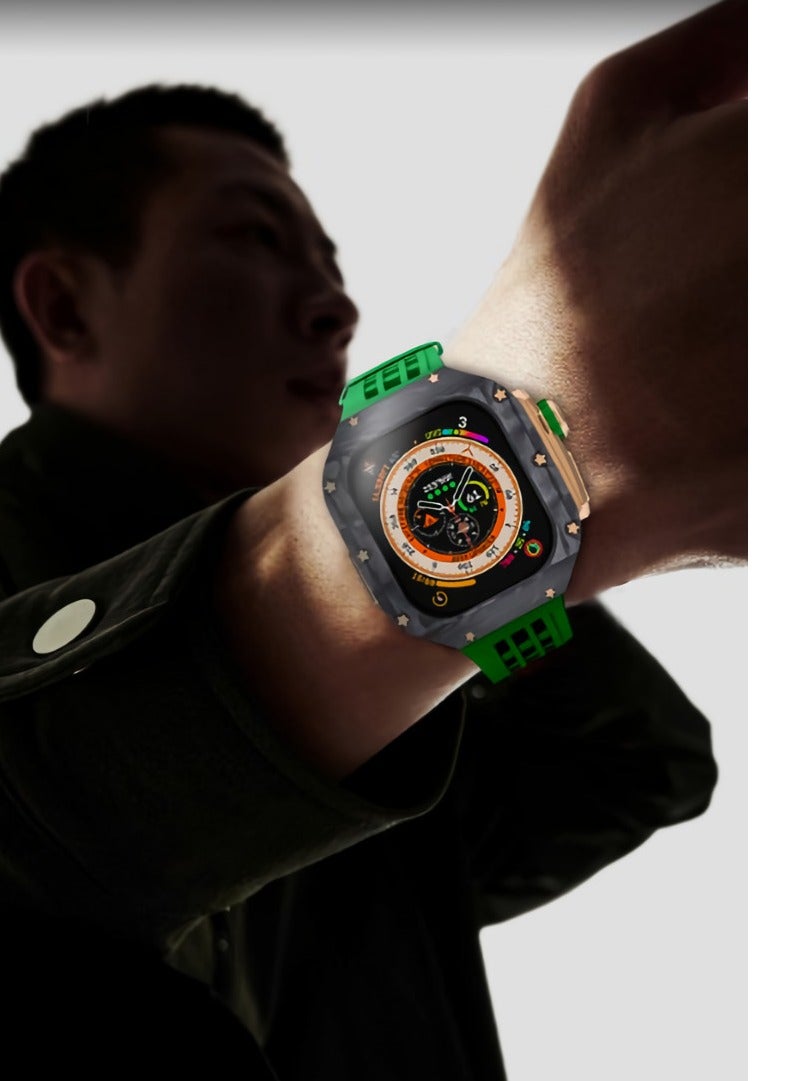 AROAQ Carbon Fiber Case For Apple Watch, 49mm Fluororubber Band Metal Bazel For Iwatch, Ultra Titanium Alloy Integrated Protective Case, (Carbon shell-black titanium frame-blue tape) - Image 4