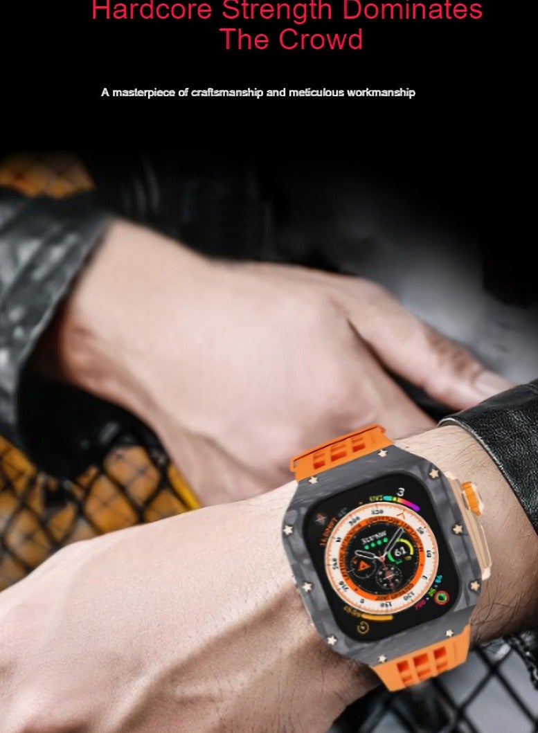 AROAQ Carbon Fiber Case For Apple Watch, 49mm Fluororubber Band Metal Bazel For Iwatch, Ultra Titanium Alloy Integrated Protective Case, (Carbon shell-black titanium frame-blue tape) - Image 2