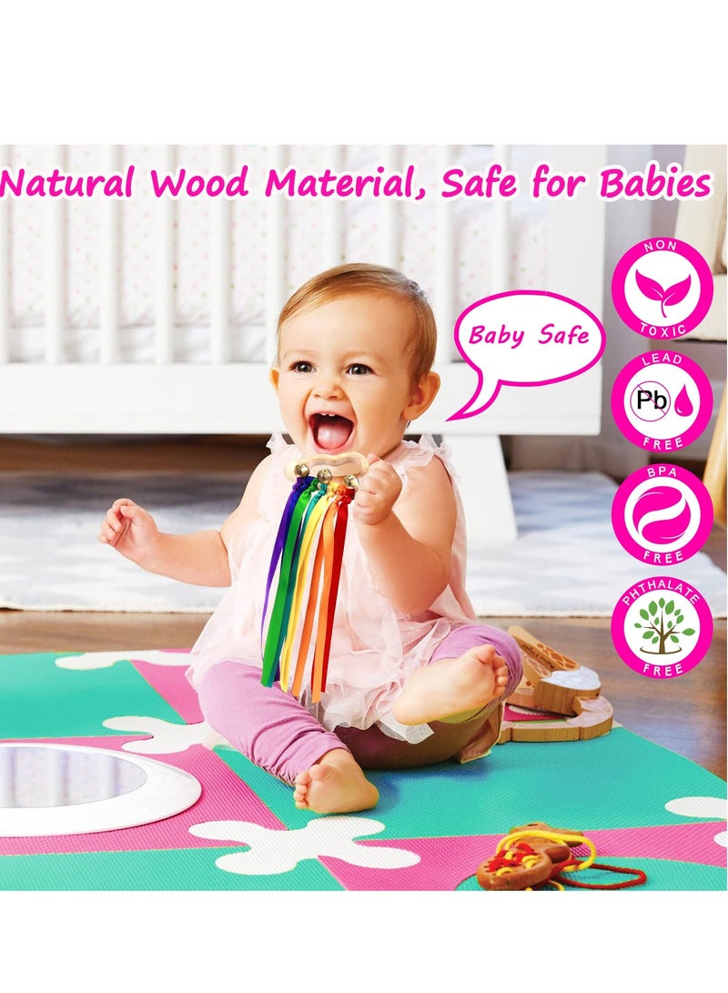 Baby Sensory Wooden Rattle Toys - 2PCS Rainbow Ribbon Ring Toys Natural Wood Rattle Molar Wood Circle Newborn Teether Sensory Montessori Toy for Infant Babies Toddler