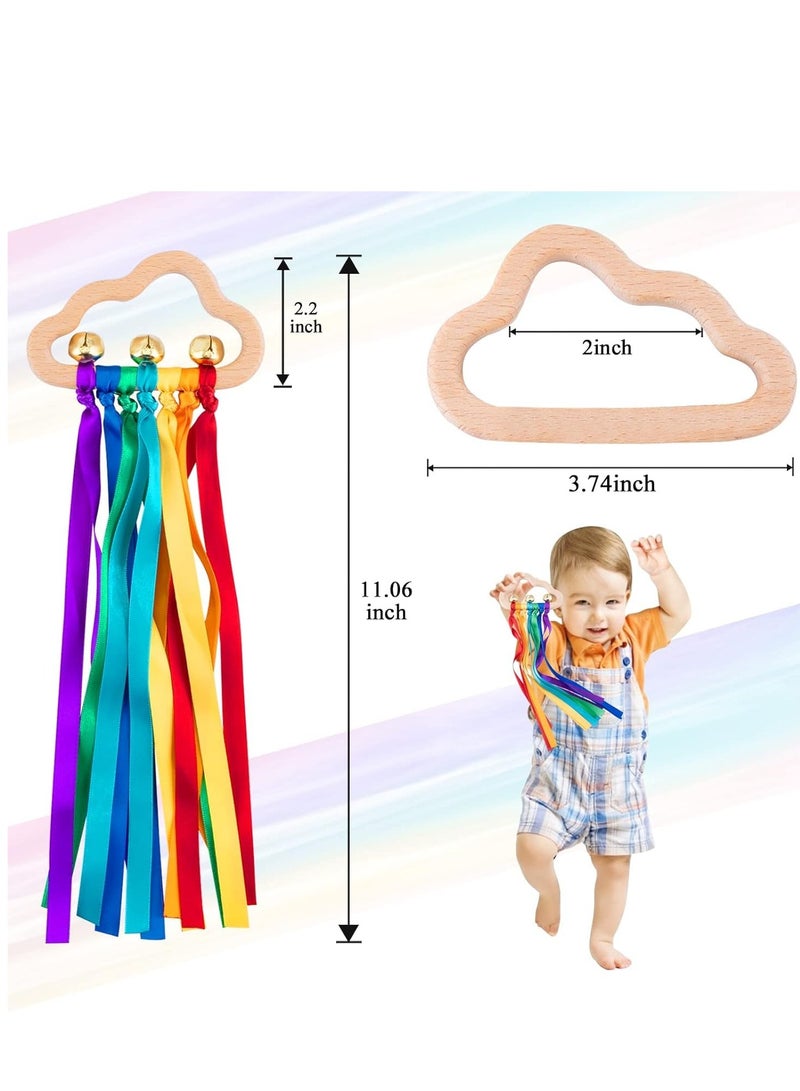 Baby Sensory Wooden Rattle Toys - 2PCS Rainbow Ribbon Ring Toys Natural Wood Rattle Molar Wood Circle Newborn Teether Sensory Montessori Toy for Infant Babies Toddler