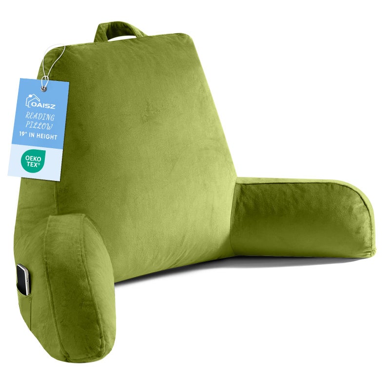 OAISZ Reading Pillow for Sitting in Bed Adult, X-Large Reading Pillow with Shredded Memory Foam, Back Pillow for Sitting Up with Extend Arms, Pockets, Bed Pillow with Washable Cover, FluorescentGreen - Image 1