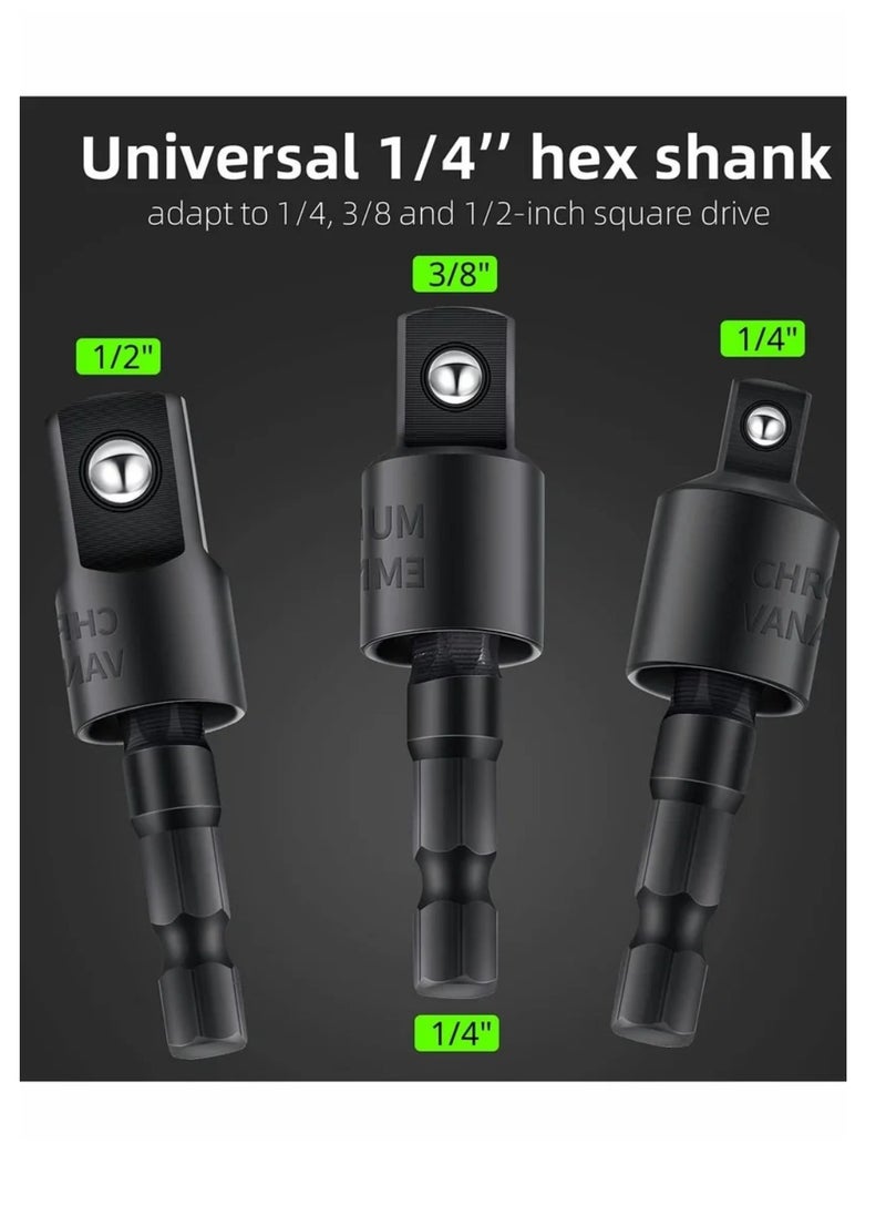Impact Grade Sockets Adapter, 4pcs Power Drill Sockets Adapter Set with 360° Rotatable Hex Shank Drill Adapters, 105° Right Angle Screwdriver Attachment, Flexible Shaft Extension Bit