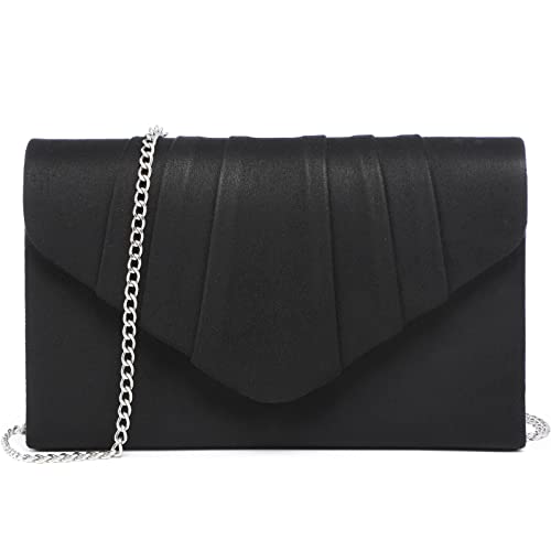 Dasein Womens Evening Bag Velvety Pleated Envelope Clutch Handbag Wedding Party Bridal Purse (Black) - Image 1