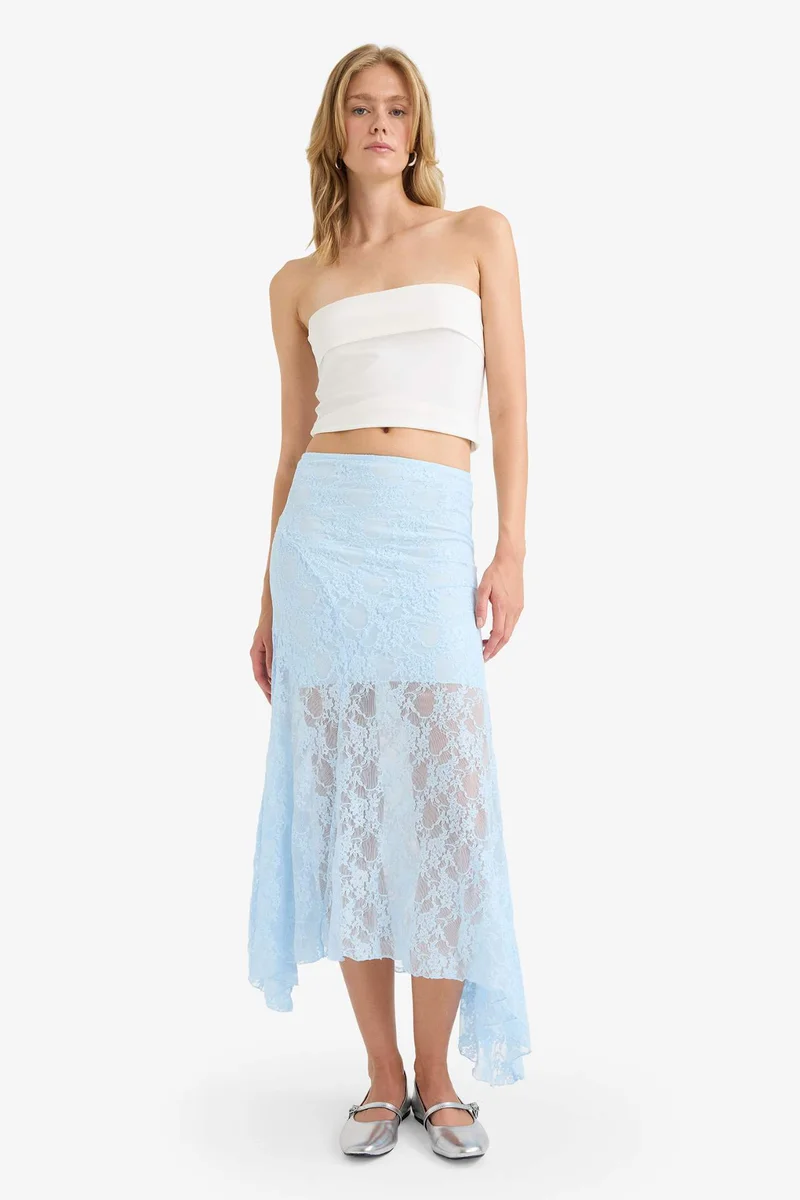 ديفاكتو Lace Half Lining Elastic Band Ankle Length Skirt