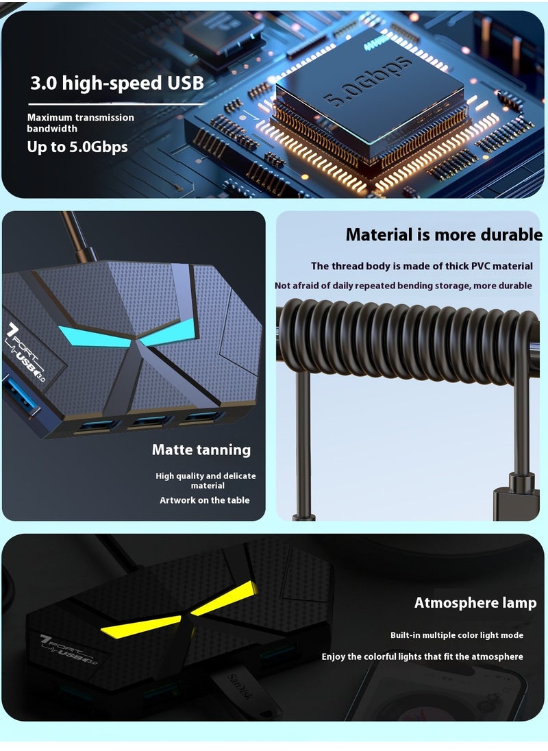 Colorful Atmosphere Light Hub 7-Port Multi-Port Adapter Ultra-Thin Data Center USB A Splitter [Support Charging] Multi USB Extender for Laptop, Desktop, Xbox, PS5, Mouse, Keyboard, Flash Drive, Printer - 60CM Black  - Image 3