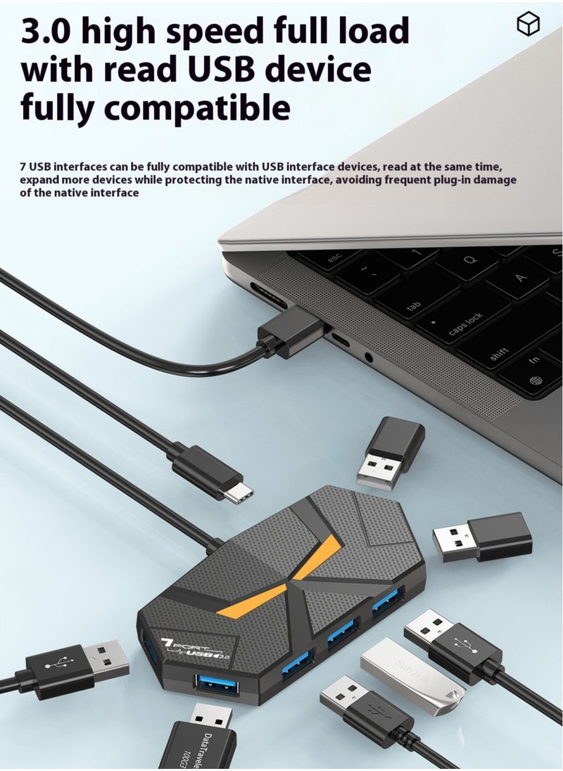 Colorful Atmosphere Light Hub 7-Port Multi-Port Adapter Ultra-Thin Data Center USB A Splitter [Support Charging] Multi USB Extender for Laptop, Desktop, Xbox, PS5, Mouse, Keyboard, Flash Drive, Printer - 60CM Black  - Image 1