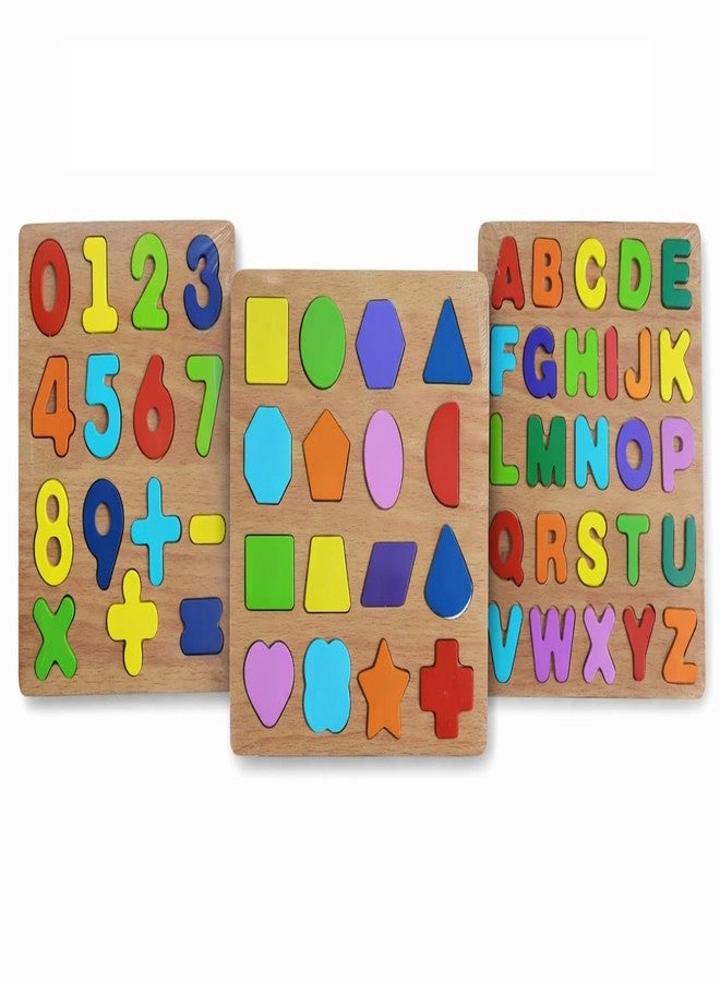 eToymart Wooden Alphabet, Numbers & Shapes Puzzle Set for Kids | 3-in-1 Early Learning Educational Wooden Board | ABC Letters, 0–9 Numbers, Shapes Puzzle | Montessori Toy for Toddlers (Age 2–6 Years) - Image 1