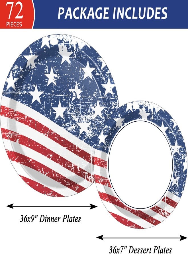Wiooffen 72pcs 4th of July Party Plates Set Patriotic Party Supplies American Flags Paper Disposable Tableware Kit Memorial Day Holidays Birthday Decoration, 36pcs 9" and 36pcs 7" - Image 2