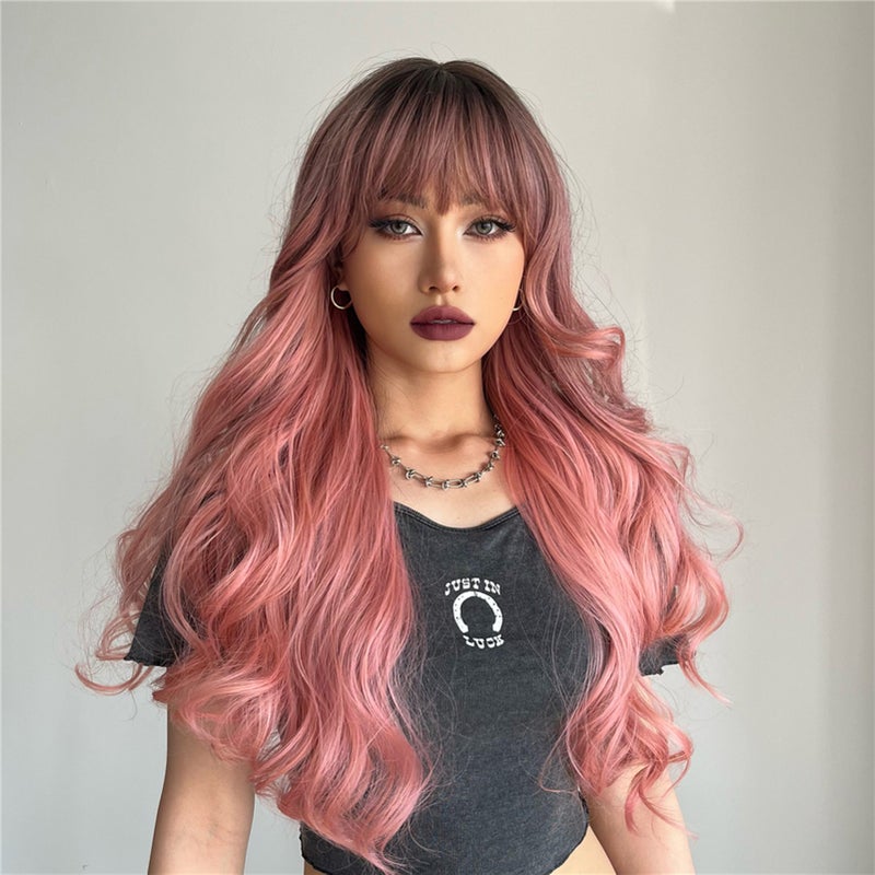Synthetic Wig Pink Curly Wavy Wig Long Hairpiece - Image 2