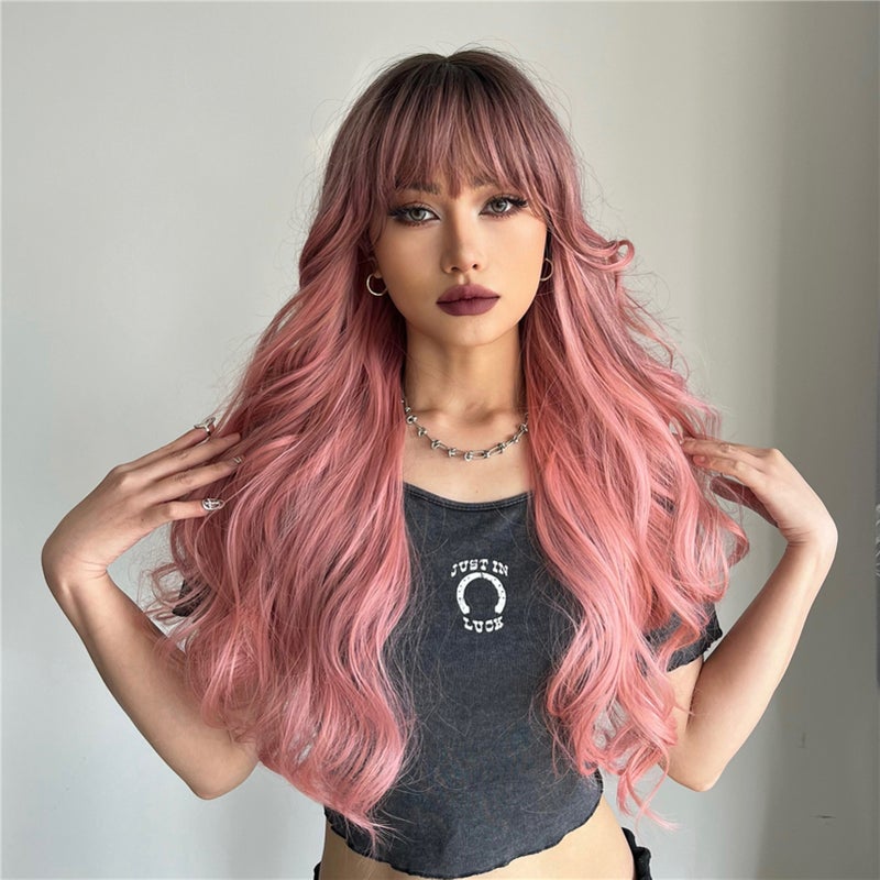 Synthetic Wig Pink Curly Wavy Wig Long Hairpiece - Image 3