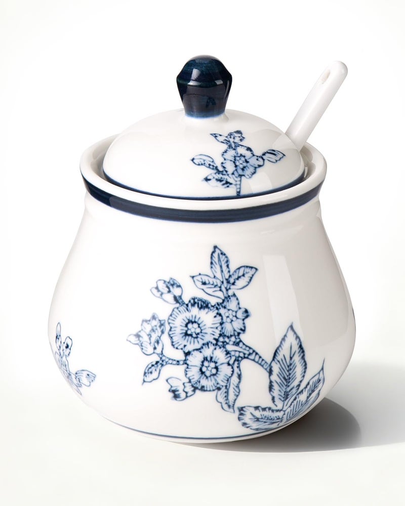 Magclay Ceramic Sugar Bowl with Lid and Spoon, 11Oz Sugar Container for Coffee Bar, Blue and White Sugar Jar/Dispenser, Flowers and Branches - Image 1