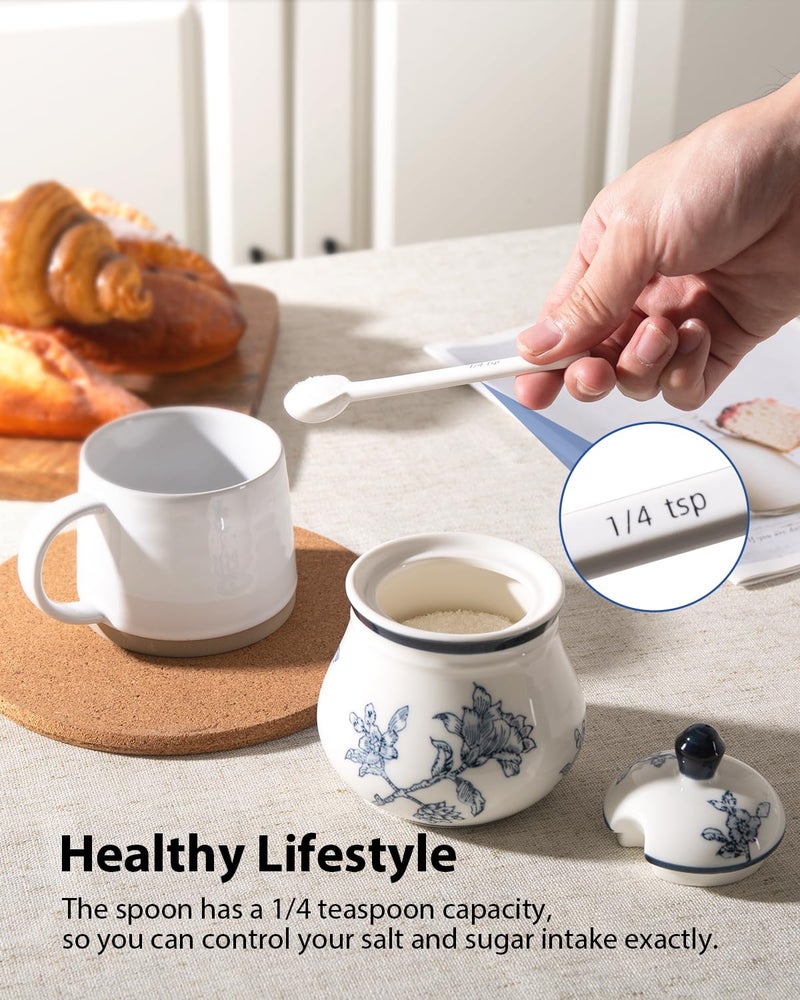 Magclay Ceramic Sugar Bowl with Lid and Spoon, 11Oz Sugar Container for Coffee Bar, Blue and White Sugar Jar/Dispenser, Flowers and Branches - Image 3