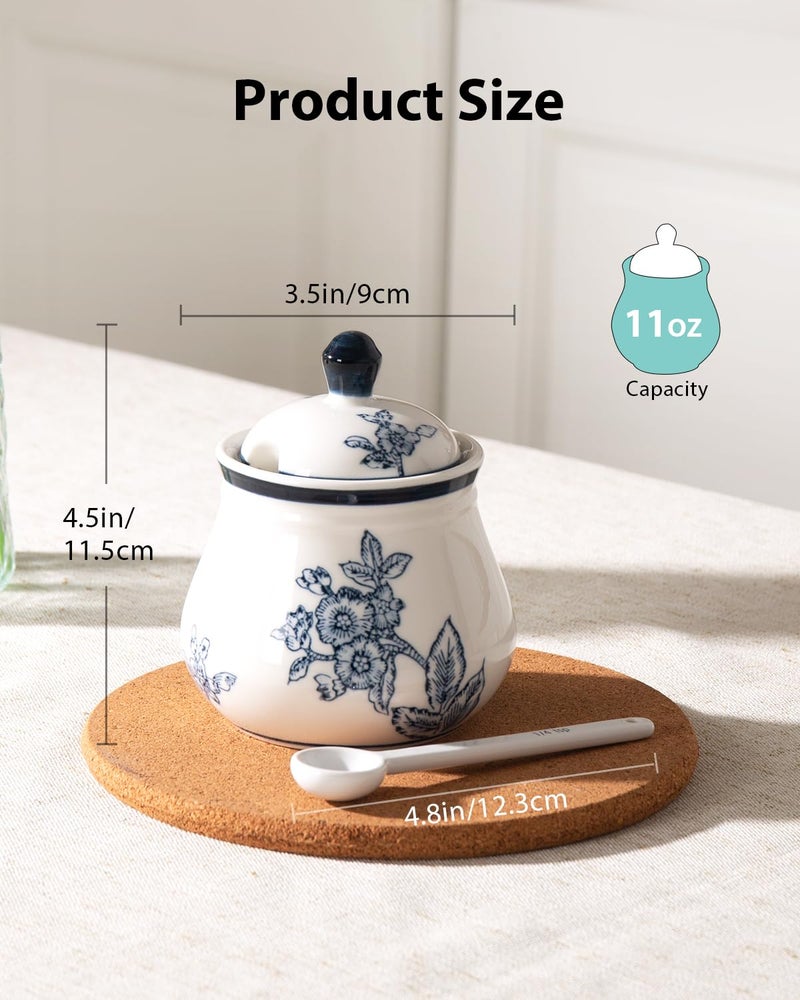 Magclay Ceramic Sugar Bowl with Lid and Spoon, 11Oz Sugar Container for Coffee Bar, Blue and White Sugar Jar/Dispenser, Flowers and Branches - Image 2