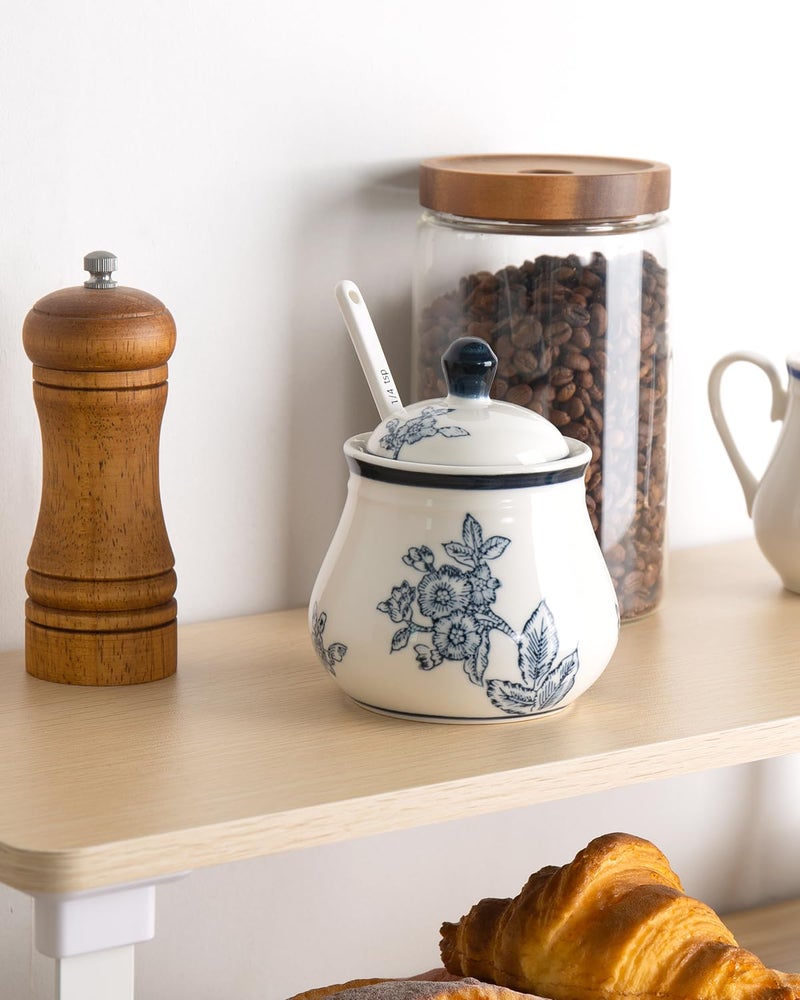 Magclay Ceramic Sugar Bowl with Lid and Spoon, 11Oz Sugar Container for Coffee Bar, Blue and White Sugar Jar/Dispenser, Flowers and Branches - Image 5