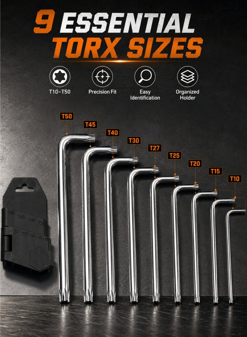 9-Piece Torx L Key Wrench Set CR-V Steel Star Hex Key Set with Holder T10-T50 for Bicycle, Car & Home Repair - Image 2